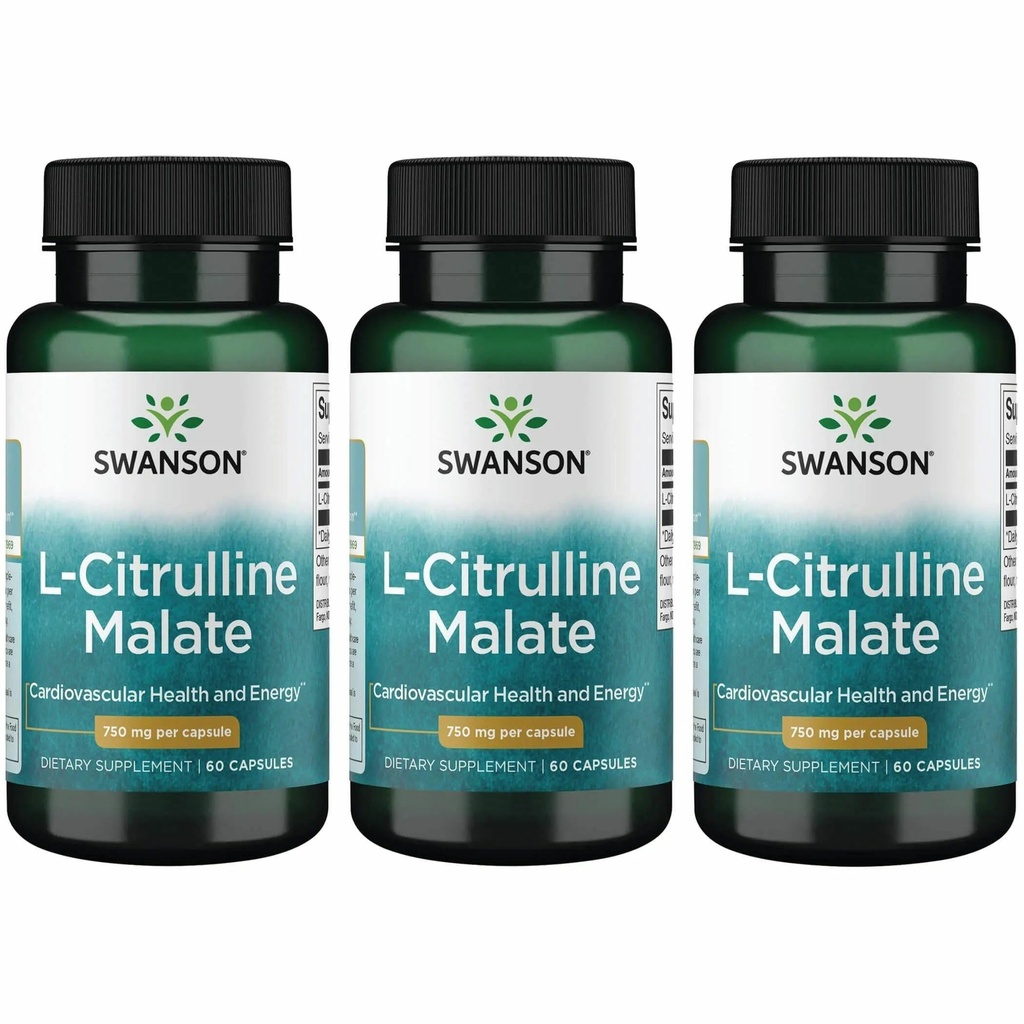 Swanson L-Citrulline Malate - Integratore di aminoacidi Promuovere la produzione di energia e la circolazione sanguigna sana - Formula naturale che supporta il benessere generale - (60 capsule, 750 mg ogni) (3 pacchetto)