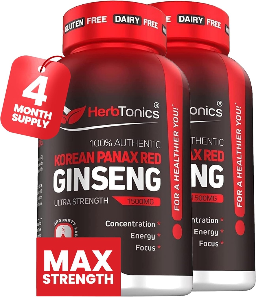 Herbtonics Korean Red Panax Ginseng 1500mg - Integratore energetico per prestazioni di picco, messa a fuoco e vitalità - Estratto di radice di Ginseng ad alta potenza - 240 capsule vegan
