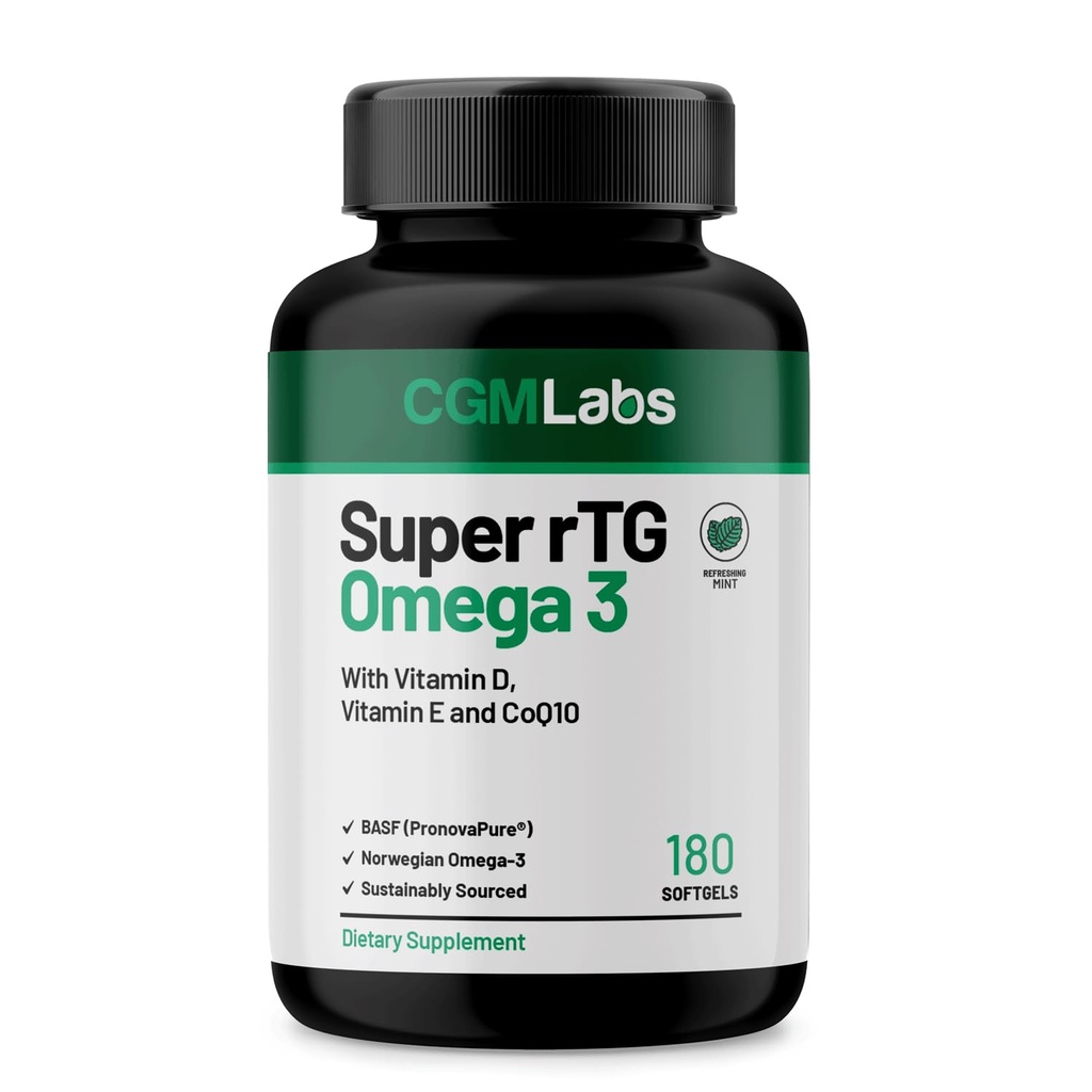 rTG Omega 3 Olio di pesce norvegese con CoQ10 Integratore alimentare- Salute e Antiossidante Cuore Supporto con Vitamine D & E – 2000 mg Sostenibilmente Source – Super rTG Omega 3, 180 Softgels di CGM Labs