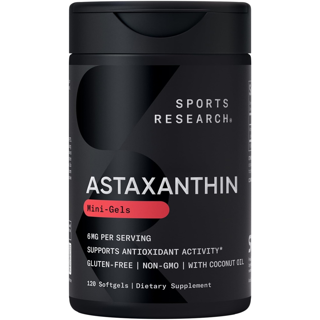 Integratore di astaxantina a tripla resistenza (6mg) con olio di cocco biologico per l'attività antiossidante, supporto per la salute della pelle e degli occhi - Non-OGM Verificato & Gluten Free - 120 Softgels
