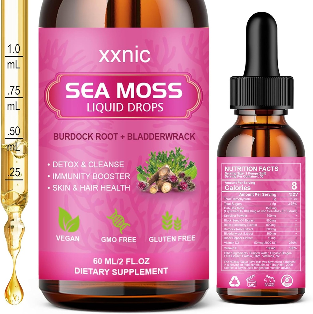 Gocce liquide avanzate del moss del mare, 3000mg liquido organico del moss del mare con l'olio nero del seme e il gel seamoss irlandese, immunità di sostegno del moss del mare crudo, comune, salute digestiva, 60mL-L8
