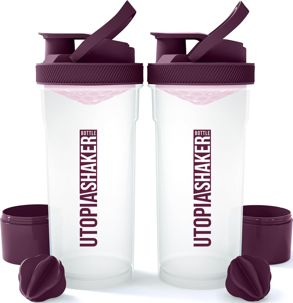 Utopia Home Shaker Bottiglia 2 Pack - 24 Ounce Plastic Protein o Cocktail Shaker Bottiglia per Pre & Post allenamento con Twist & Lock Protein Box Storage (Clear/Plum)