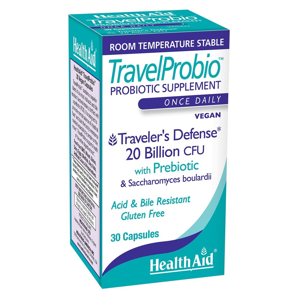 HealthAid TravelProbio 20 miliardi di CFU Probiotici – Saccharomyces boulardii + Prebiotico (FOS), Acid & Bile‐Resistant – Una volta-Daily Vegan, senza glutine, stabile a temperatura ambiente – Supporto digestivo di viaggio