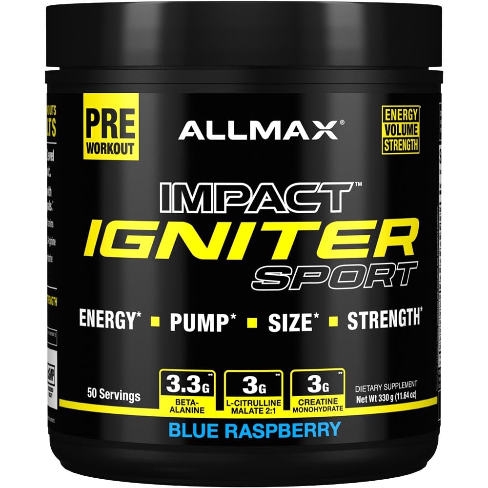 ALLMAX IGNITER Sport, Blue Raspberry - 330 g - Formula pre-allenamento - con caffeina, L-citrullina, L-Arginina, Creatina e Beta Alanina - Fino a 50 Serve