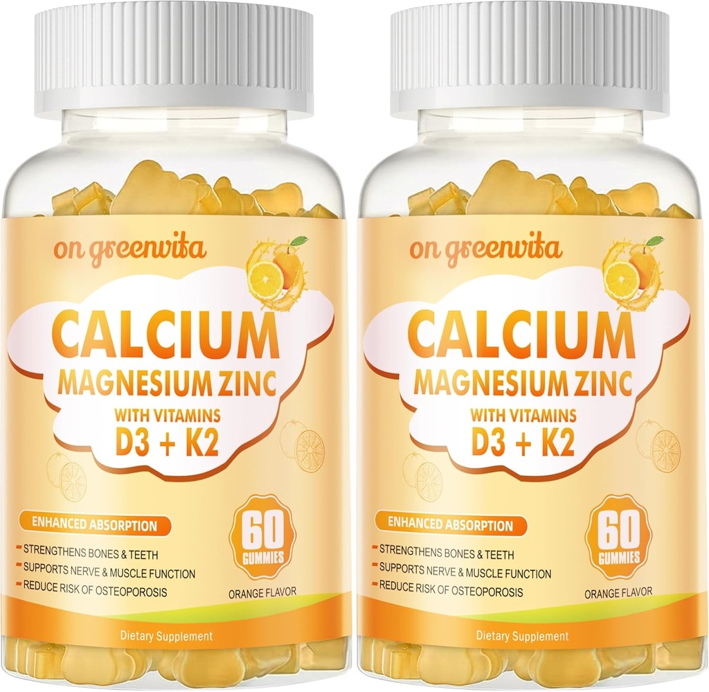 Gummie di zinco di magnesio di calcio con vitamina D3 & K2 - Assorbimento potenziato ad alta potenza -120 Gummie arancio aromatizzate