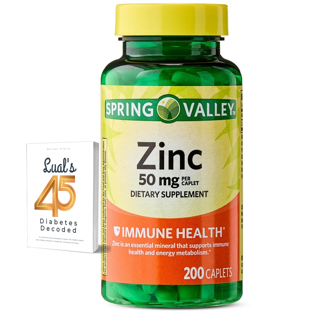 Vallo di primavera Zinco 50 mg, 200 conta, caplette di supplemento dietetico per la salute immunitaria, integratori immuni dallo zinco, Bundle con 45 diabeti di Lual decodificato
