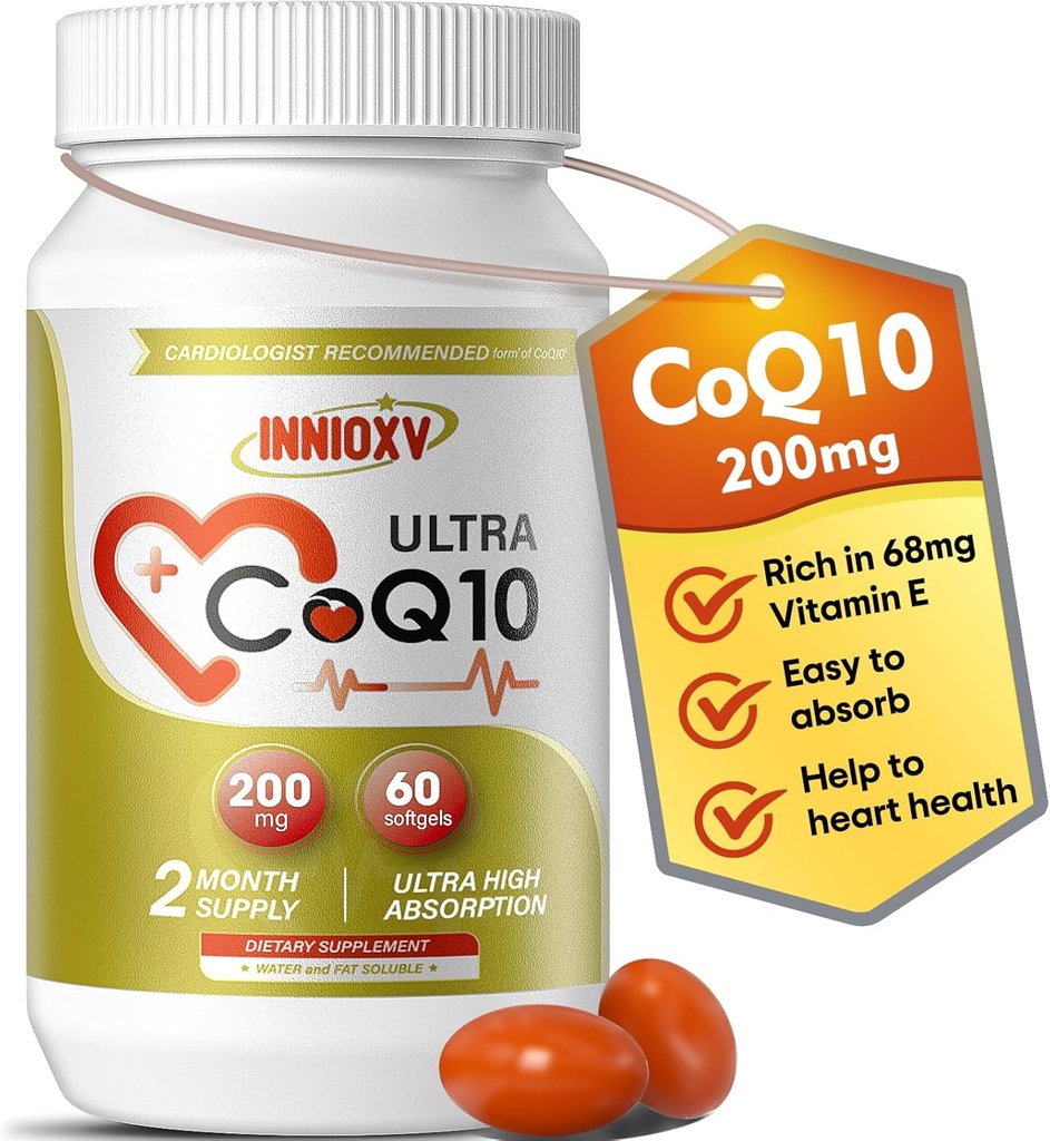 CoQ10 200mg Softgels – Coenzima ad alto assorbimento Q10 per la salute del cuore, l'energia cellulare e il supporto antiossidante – 60 Softgels