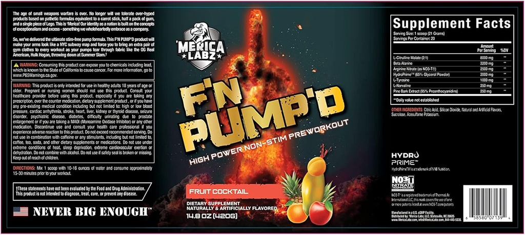 'Merica Labz F'N Pump'D Stimulant Free, Nitric Oxide, Completamente Dosed, Pompa PreWorkout Powder (20 Servings) (Fruit Cocktail)