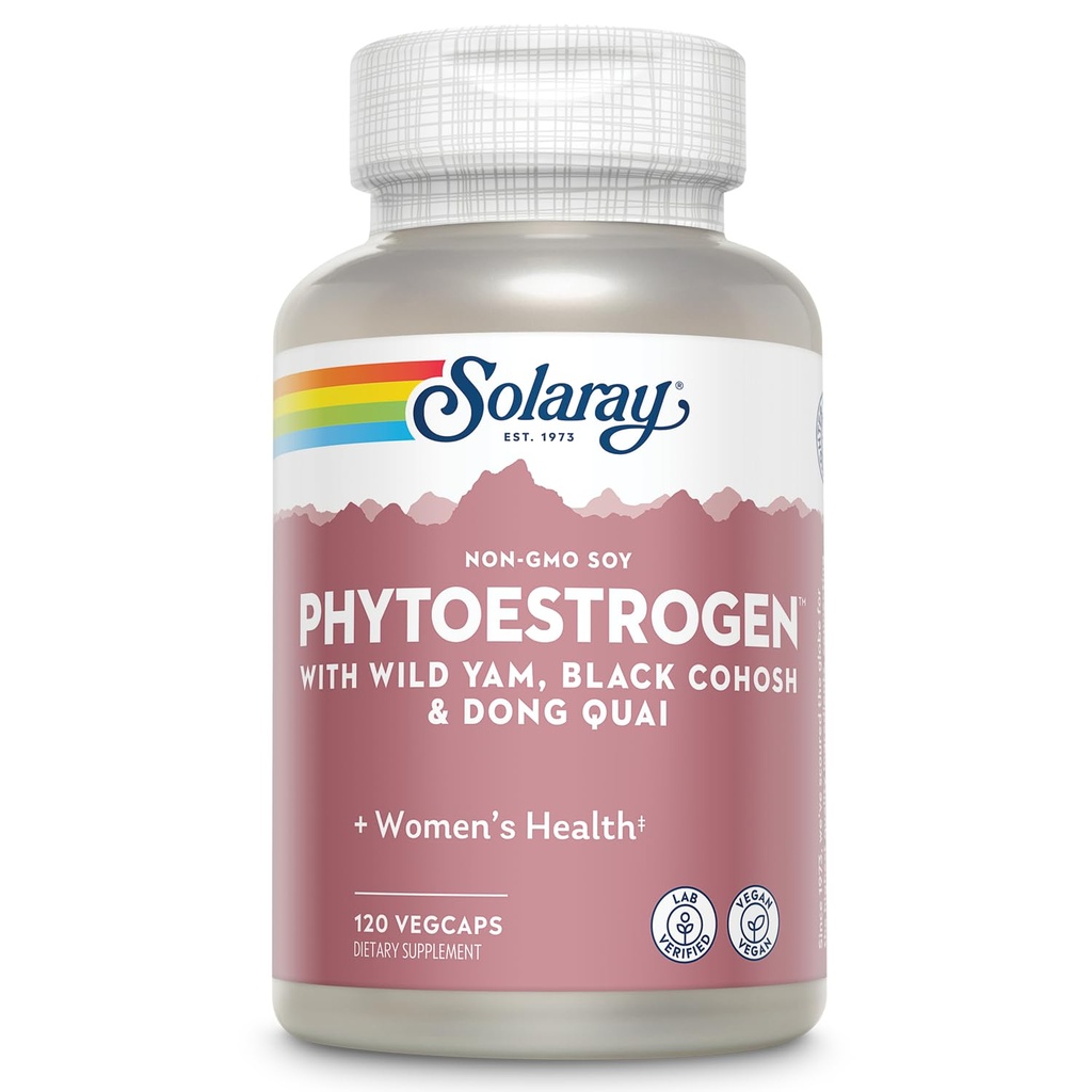 SOLARAY PhytoEstrogen Menopause Supplements - Wild Yam, Black Cohosh e Dong Quai Estrogen Pills for Women's Health - Vegan, Lab Verified, 60-Day Guarantee (30 Servings, 120 VegCaps)