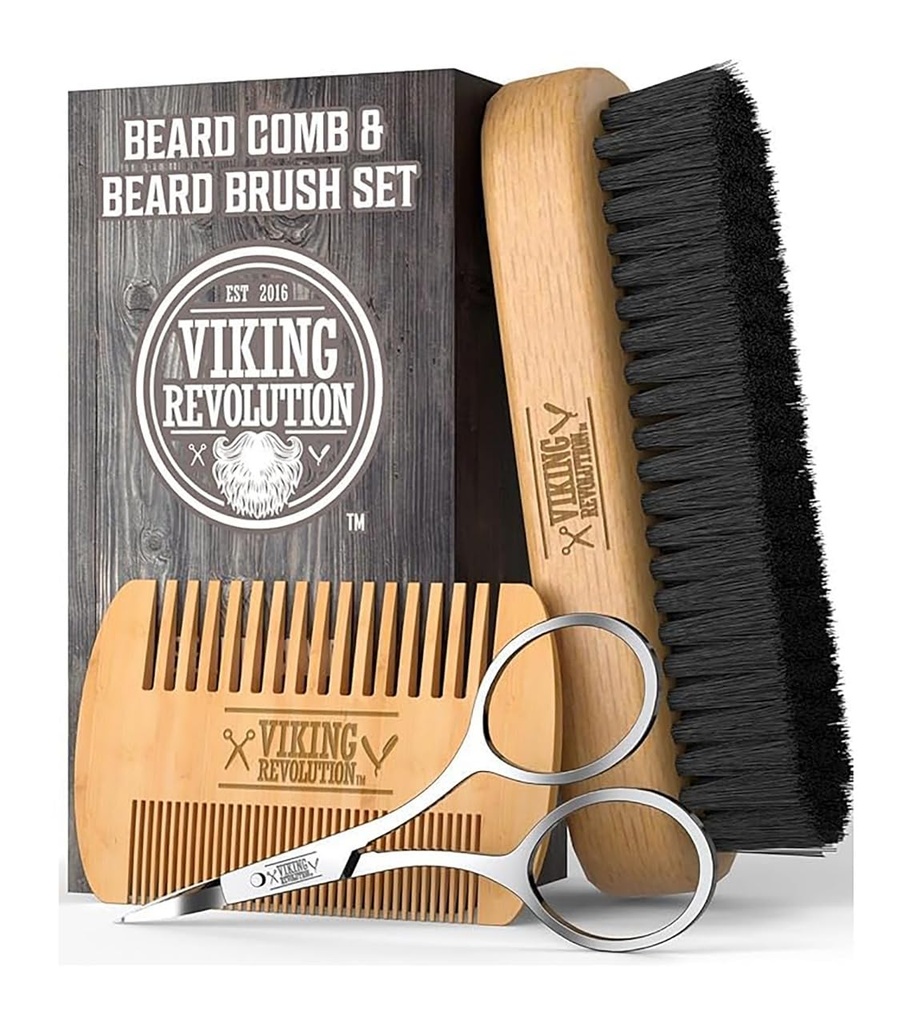 Viking Revolution Beard Comb & Beard Brush Set per gli uomini -- Spazzola naturale di cinghiale e doppia azione Pear Wood Comb w/Velvet Travel Pouch - Grande per Grooming Beards e Mustaches
