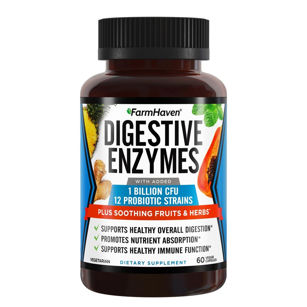 FarmHaven Enzimi Digestivi con 18 Probiotici & Erbe | Papaya, Bromelain, Protease & More per Assorbimento Lattosio & Migliore Digestione | Aiuta Bloating, Gas, Costipazione | Vegetariano, 60 Capsule