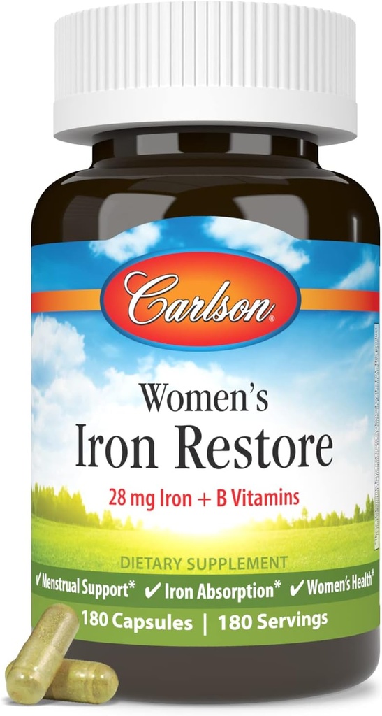 Carlson - Restore di ferro femminile, 28 mg di ferro + B vitamine, supporto mestruale, assorbimento di ferro e salute delle donne, 180 capsule