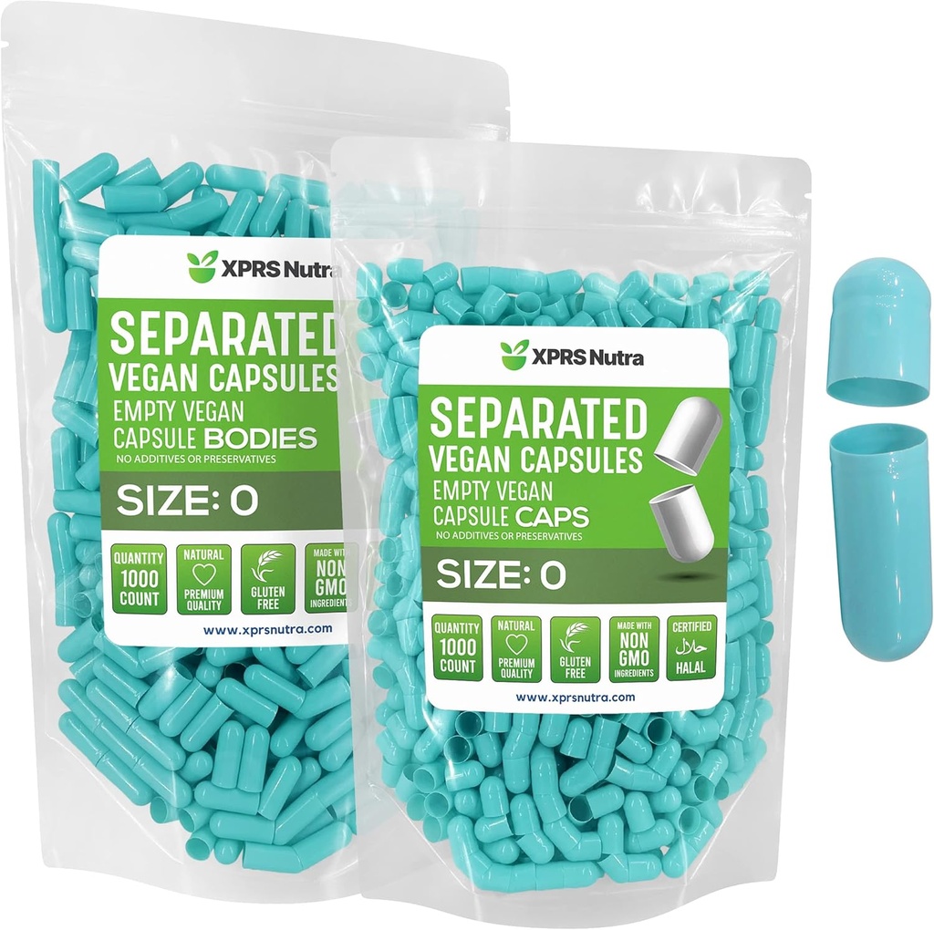 XPRS Nutra Vegan Size 0 Capsule Separati - 1000 Count Premium Capsule Vuoti Separati in Borse - Pillole 0 per DIY Supplement Filling (Aqua)