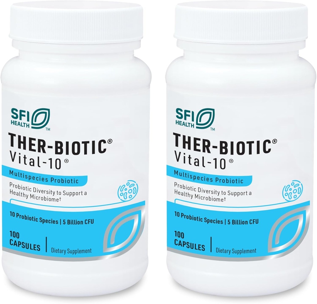 Klaire Labs SFI Health Vital-10 Probiotic - Immune & Digestive Support Supplemento 5 miliardi di CFU 10 Specie con Lactobacillus, Bifidobacterium & Streptococcus, Dairy-Free (100 capsule, 2 Pack)