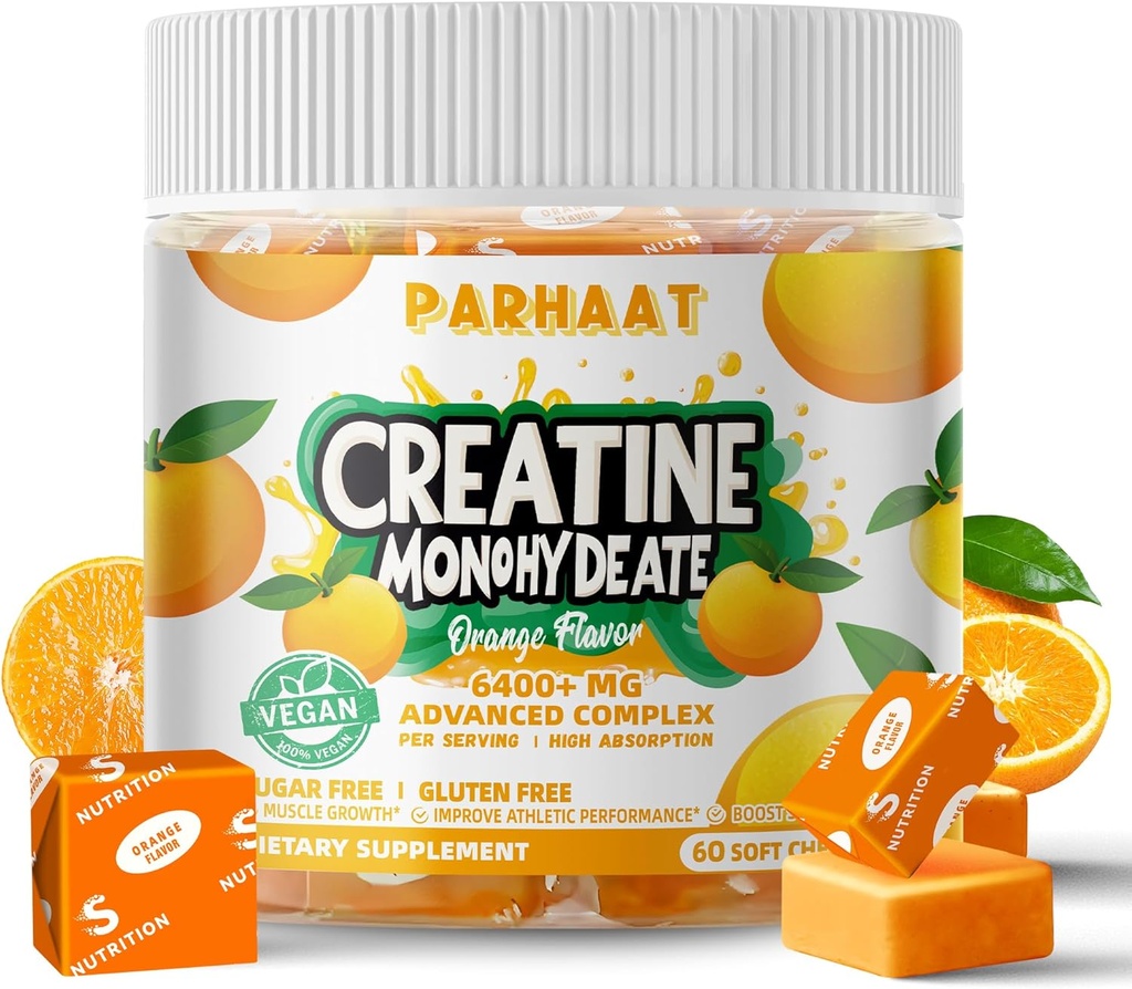 Creatina Monoidrato Chews Complex 6400mg per uomini e donne -Advanced Formula W/L-Taurine + Vitamina B12, Sugar Free Chewable Supplement,60 Softchews arancione