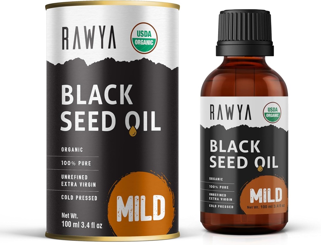 RAWYA Black Seed Oil - Pressato a freddo - Cumino nero Seed - Premium Nigella Sativa - Omega 3 6 9 - Kalonji per la pelle e capelli sani - Non OGM, Senza glutine - Olio Benessere - Sapore delicato - 3.4 Fl Oz