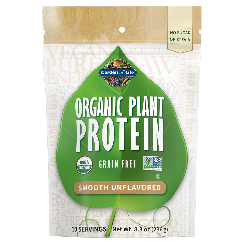 Giardino della vita Organic Plant Protein Smooth Polvere non aromatizzata, 10 Serve - Vegan, Grain Free & Gluten Free Plant Based Protein Shake, 1B CFU Probiotics & Enzymes, No Sugar or Stevia, 15g Protein