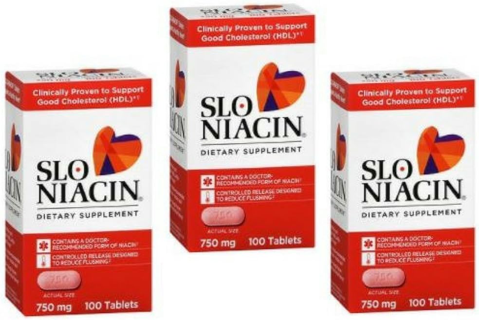 Supplemento dietetico SLO-NIACIN Una volta al giorno con 750 mg di vitamina B di niacina da acido nicotinico per alto assorbimento 100 compresse per confezione 3 bottiglie
