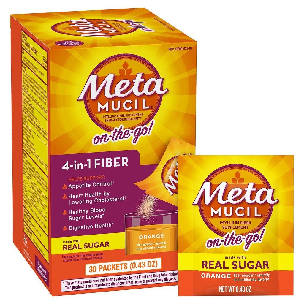 Metamucil On-the-Go, supplemento giornaliero di polvere di Psyllium Husk con zucchero reale, fibra 4-in-1 per la salute digestiva, bevanda aromatizzata di liscio arancione, 2 confezione x 30 conteggio = 60 confezioni Totale