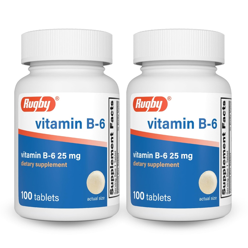 Rugby Vitamina B-6 Compresse - 25mg di vitamina B6 - Integratore alimentare - 100 Conte (2 Confezione)
