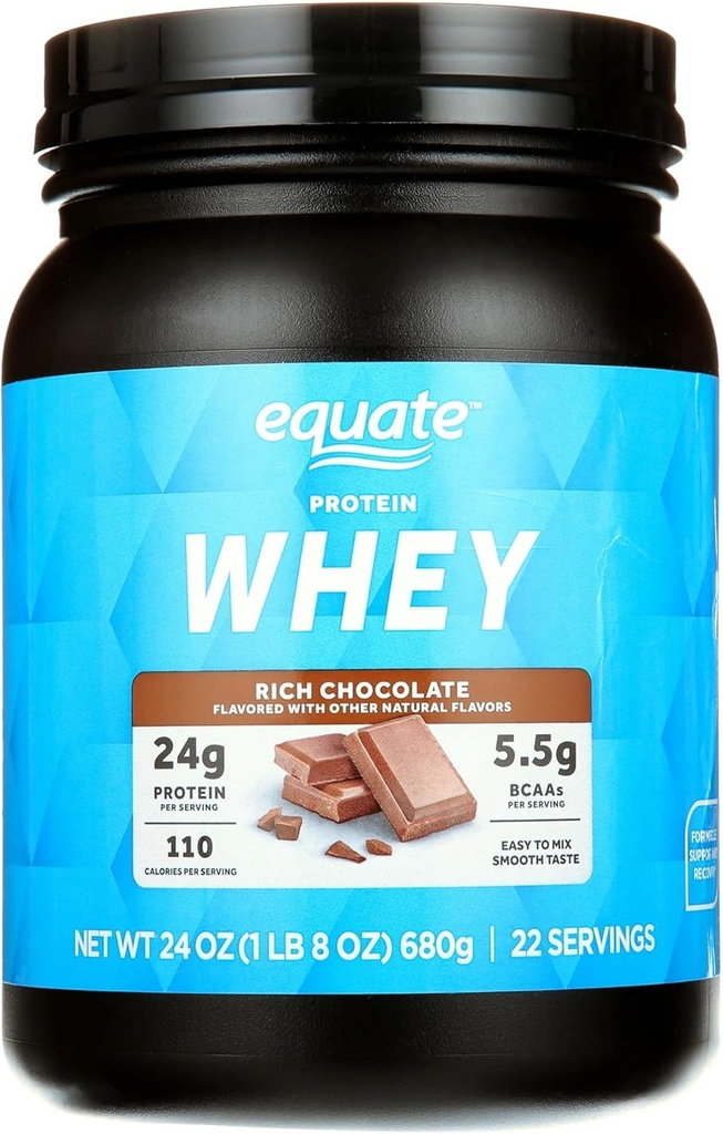 Equates Whey Protein Powder, Rich Chocolate, 24g Protein per Serving, 5.5g BCAAs, Whey Isolate Blend, 22 Servings, Smooth & Delicious, Unisex, Muscle Recovery Supplement, 1,5 lbs