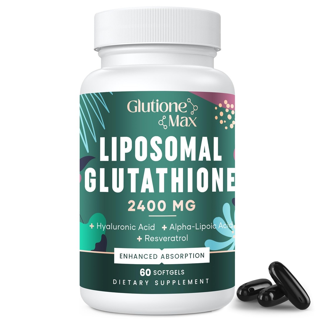 8-in-1 Glutathione Liposomal 2400 MG, formula antiossidante ad alto assorbimento – con acido ialuronico, acido alfa-lipoico, resveratrolo - pelle, fegato Detox & sistema immunitario, 60 Softgels