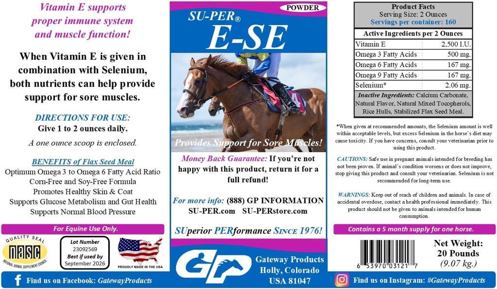 SU-PER E-Se Cavalli Antiossidante Supplemento - Vitamina E & Selenio per Sorriso muscolare - 20 Pound