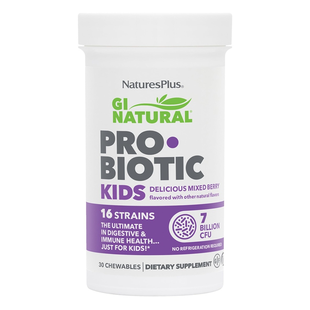 Natures Plus GI Natural Probiotic Kids, Bacca Mista - 30 Masticabili - Salute Digestiva e Immune Solo per Bambini - Gluten Free - 30 Serve