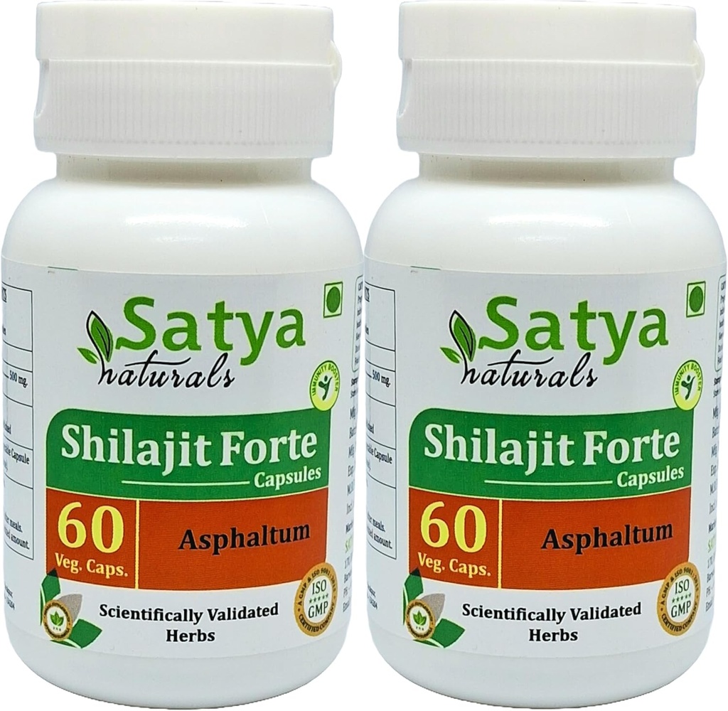 Shilajit Forte capsule 500 mg. 60 Veg. Capsule | Shilajit (Asphaltum) Estratto di capsule per gli uomini e le donne | Ayurvedic Herbal Supplement/Rimedies | 10:1 Forte (2 Bottiglie di 60 capsule)