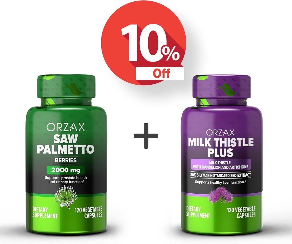 ORZAX Saw Palmetto 2000 mg 120 Capsule Vegabili e Latte Thistle Plus con Dandelion 120 Vegatable Capsule, Bundle