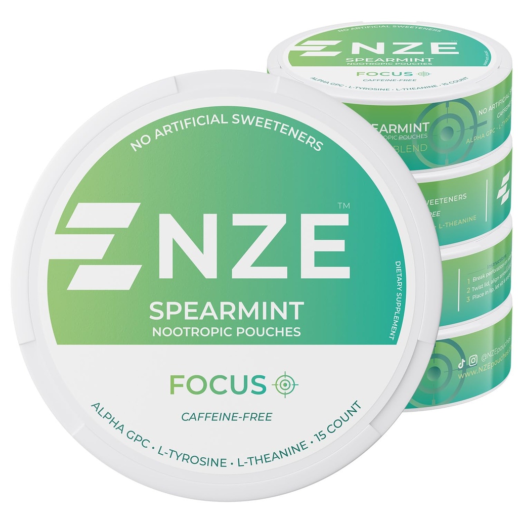 NZE Caffeine Free Nootropic Pouches (Spearmint) - Nootropic Pouches con Alpha GPC, L-Tyrosine & L-Theanine - No Sugar or Artificial Sweeteners - 15 Nicotine Pouches Per Can - 5 Pack