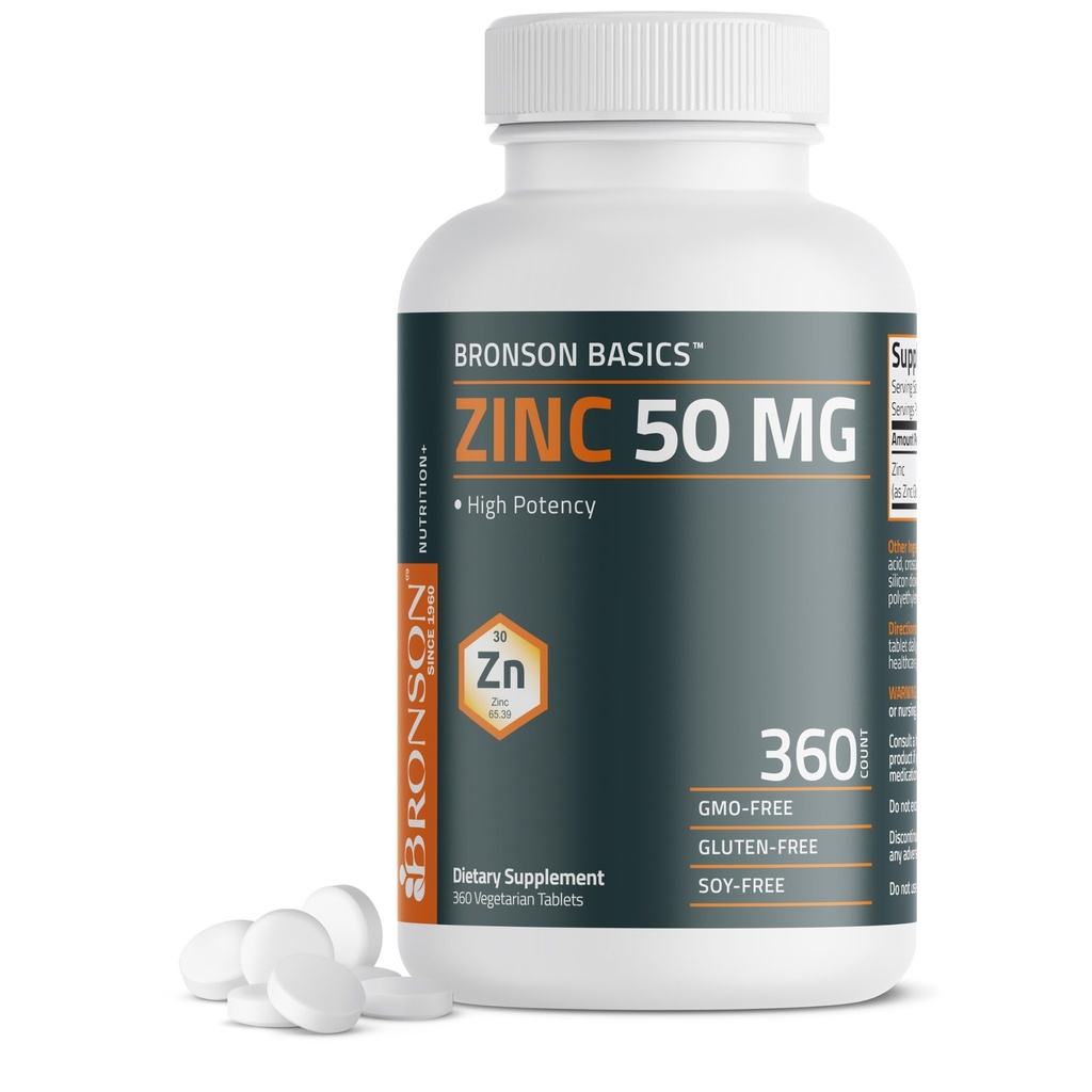 Bronson Zinc 50 MG High Potency Supports Immune, Antiossidante & Skin Health - Non-GMO, 360 compresse vegetariane