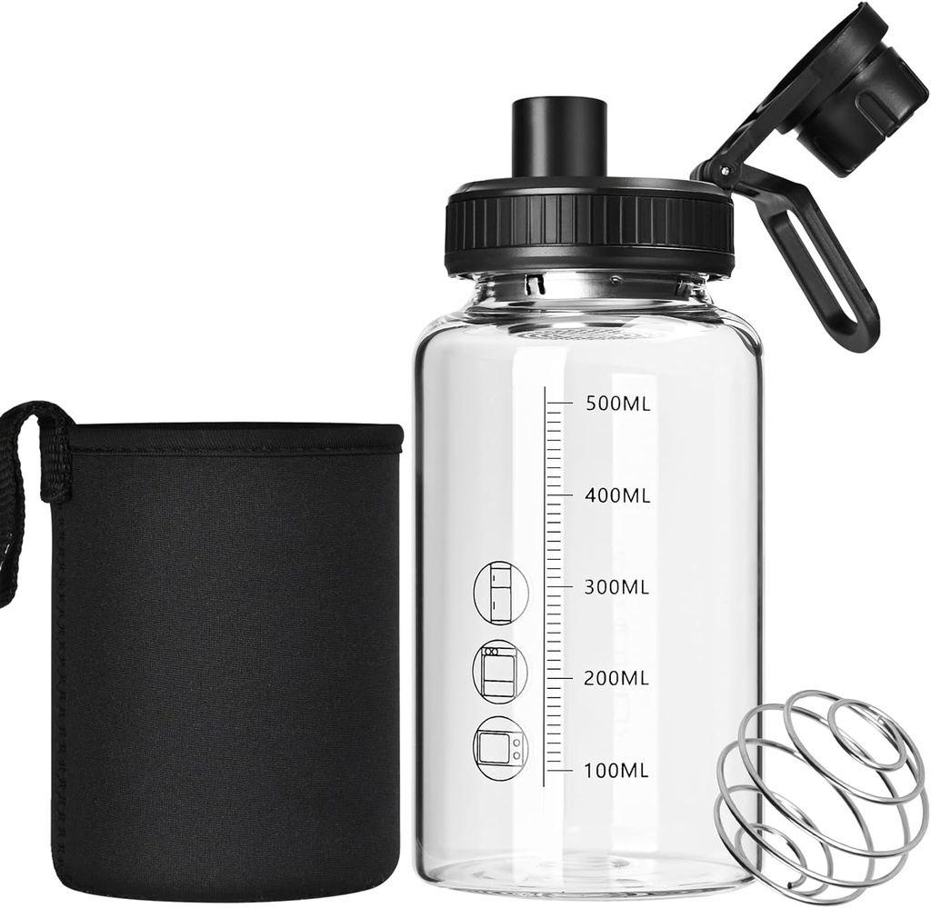 Bottiglia di vetro Shaker,22oz BPA-Free Odorless Shaker Bottiglia con sfera in acciaio inossidabile 304 e spazzola di pulizia rimovibile per miscele di proteine di fitness(1Pack)