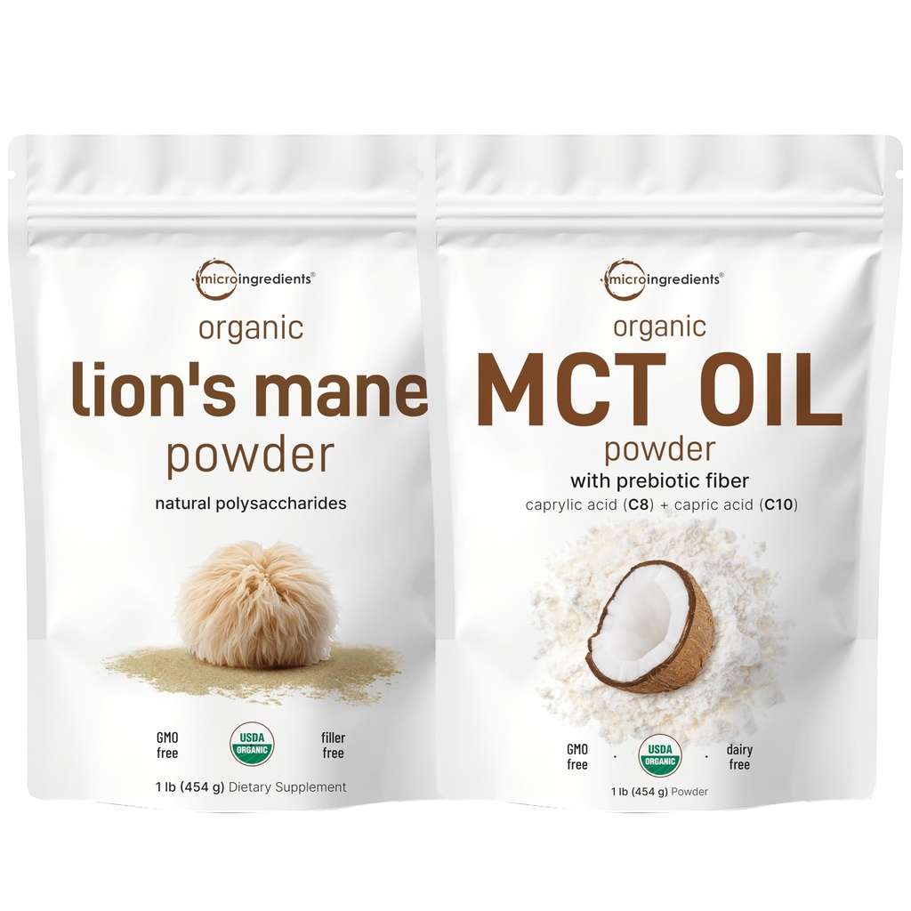 Micro ingredienti MCT olio polvere con fibra prebiotica e leoni Mane Mushroom supplemento polvere Bundle 2 Pack | C8 MCT olio per caffÃ ̈ cremoso | Superfood naturale per cervello, energia, & salute immunitaria