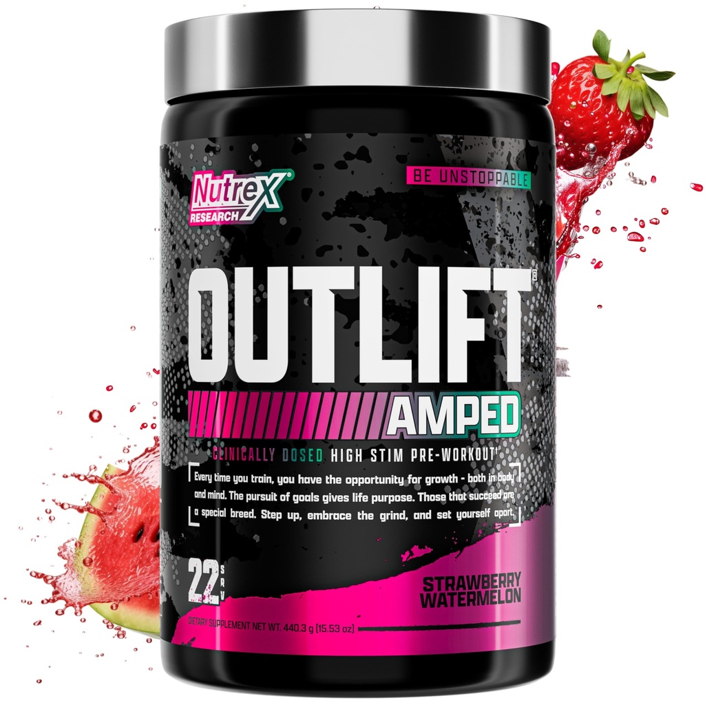 OUTLIFT Amped Max Dosed HIGH STIM Pre Workout Powder 6G Citrulline, 3.2G Beta Alanine, Alpha GPC, CognatiQ, estrema energia, pompe di massa, elettroliti (anguria di fragola, 22 Servings)