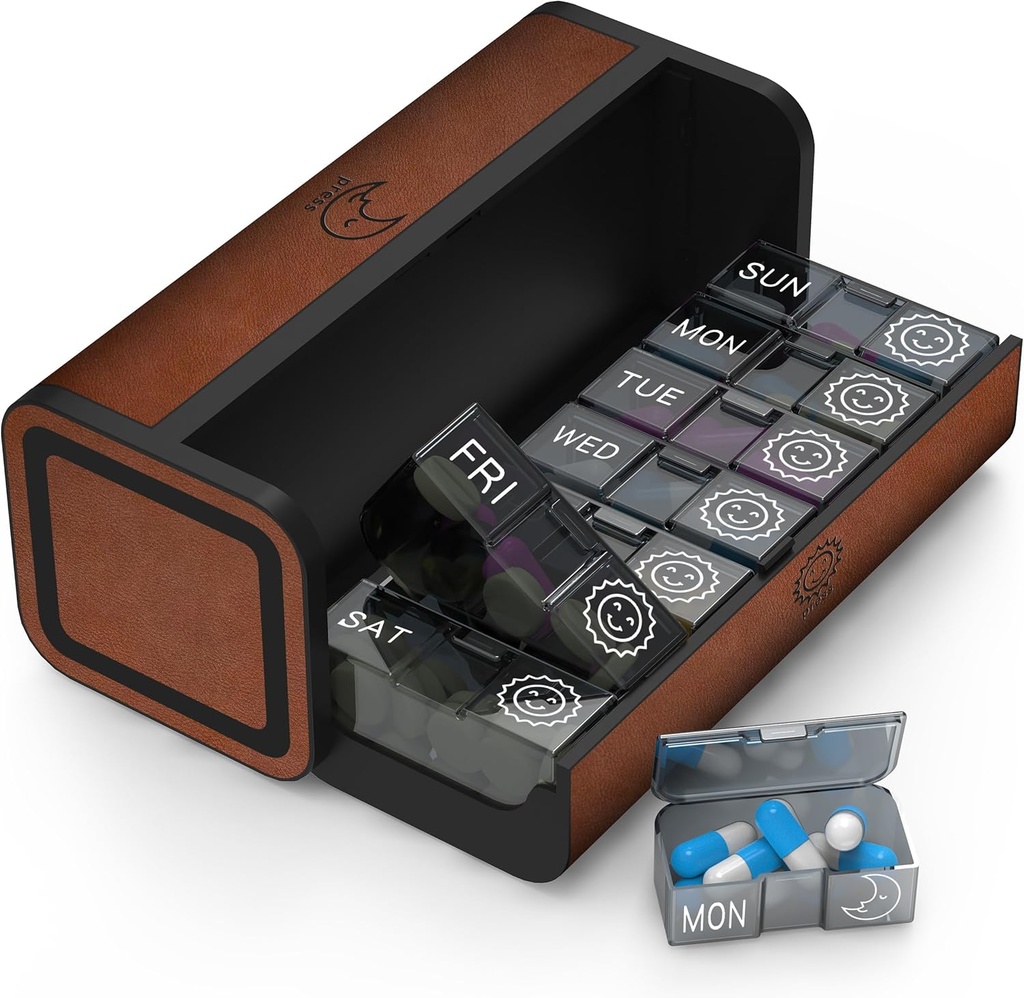 Pill Organizer 2 volte al giorno, Am Pm Twice Daily Pill Case, Detachable Large Travel Pill Box 7 giorno, settimanale Pill Container per Vitamin Medicine Supplement Fish Oil (Brown)
