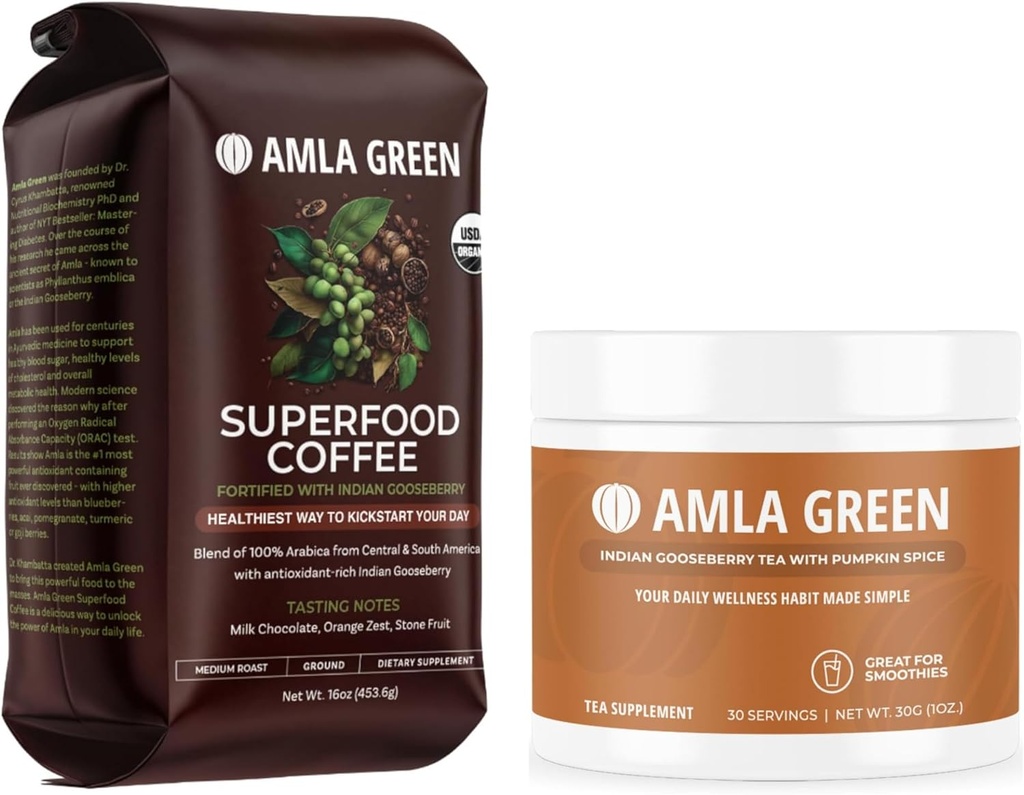 Amla Green Organic Ground Superfood Coffee e Amla Polvere Superfood Supplemento con Pumpkin Spice, 20x Ultra Concentrato Amla