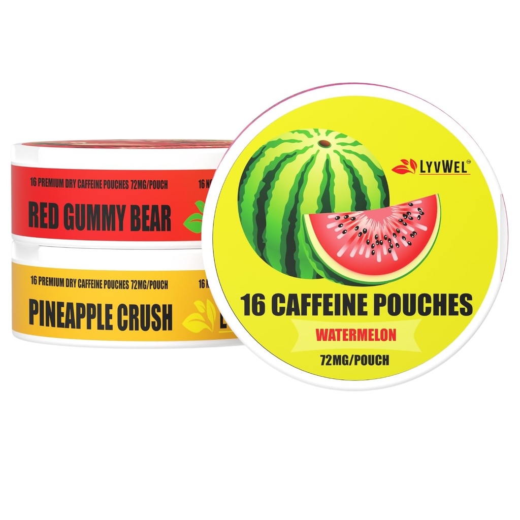 LyvWel 72mg Caffeine Energy Pouches – Watermelon, Red Gummy Bear, Ananas Crush – Juicy Clean Energy con Guarana – 3-Pack (48 Total Pouches)