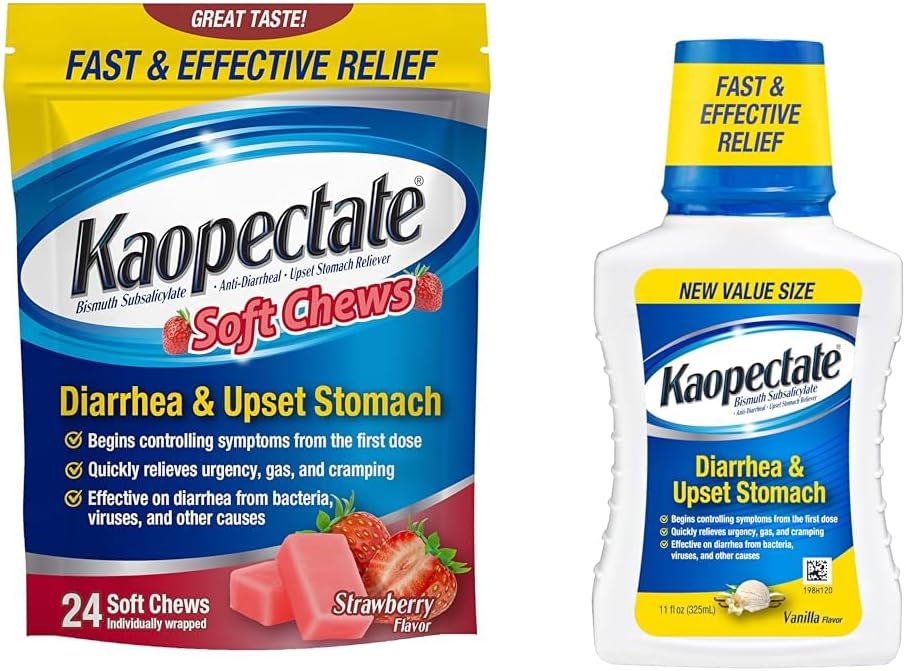 Kaopectate anti-Diarrheal Soft Chews 24 conte e upset Stomach Relief Liquid 11 Fl Oz