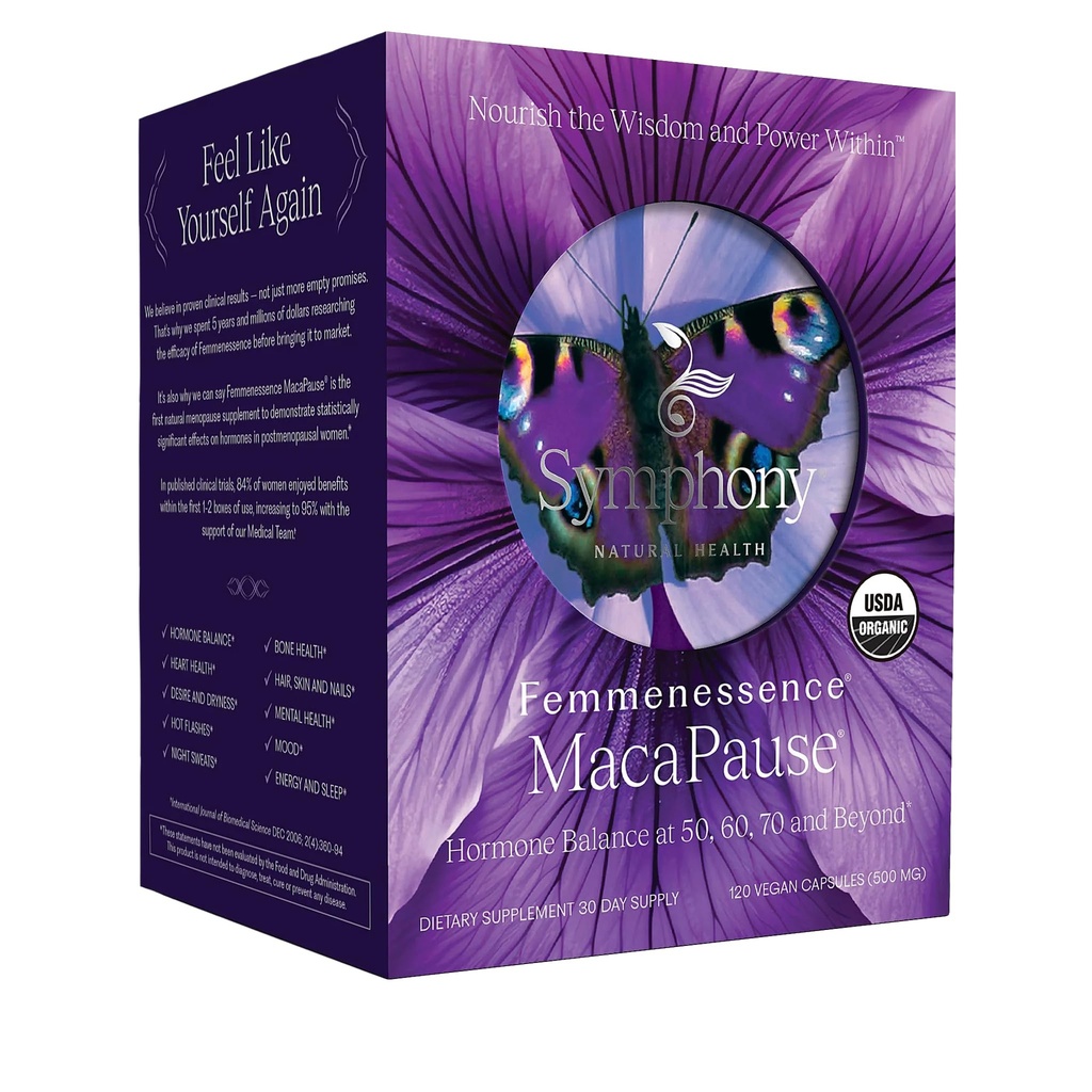 Femmenessence® MacaPause® – Supplemento postmenopausale clinicamente provato per l'equilibrio ormonale naturale, Menopause Symptom Relief, Bone & Heart Health, Senza ormoni aggiunti (120 capsule, 30 giorni di alimentazione)