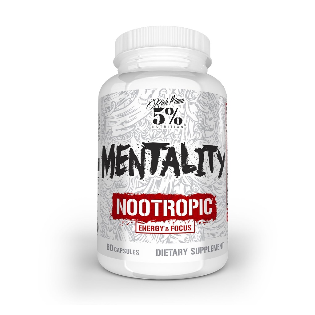 5% Nutrition Rich Piana Mentality Nootropic Blend | Brain Booster Supplemento per Performance, Memoria, Mental Clarity | Ginseng, Ginkgo, L-Teanine, Choline, Huperzine, 60 capsule (30 giorni di alimentazione)
