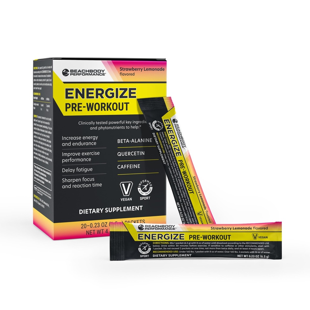 BODi Energize Pre Workout Powder - Beta-Alanine, Quercetin & Low-Dose Caffeine Formula per potenziare l'energia e la messa a fuoco, aumentare l'energia e la resistenza, Strawberry Lemonade aromaed, 20 Sticks