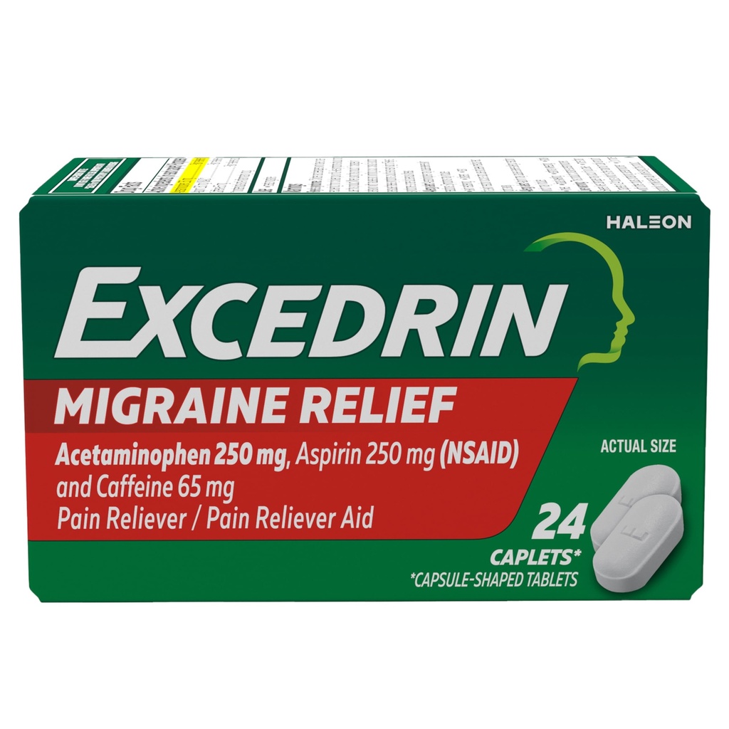 Capelli di emicrania di emicrania per sintomi di emicrania, acetaminofene 250mg, aspirina 250mg, caffeina 65mg, dolore Reliever, 24 conte