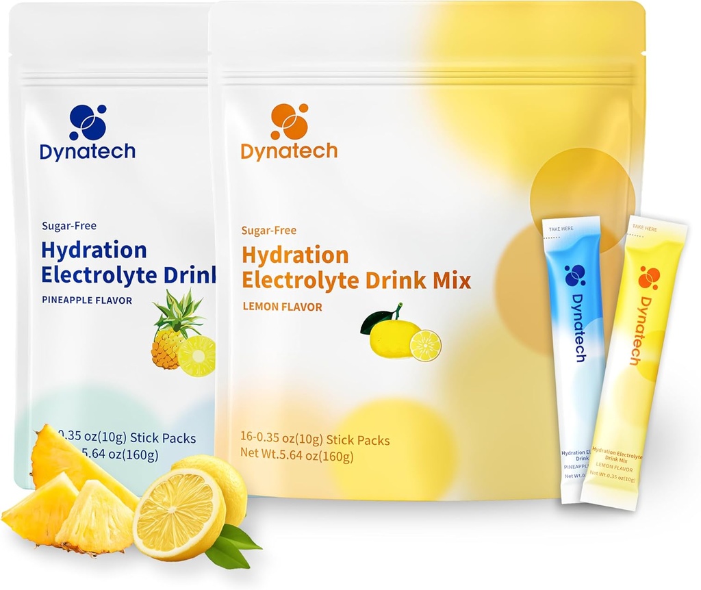 Dynatech Zero Sugar Electrolyte Drink Mix - Lemon,Pineapple - Idration Powder Packets with 10 Electrolytes & Vitamins | Non-GMO, Gluten Free, Vegan Electrolytes Powder Packets | 32 Servings
