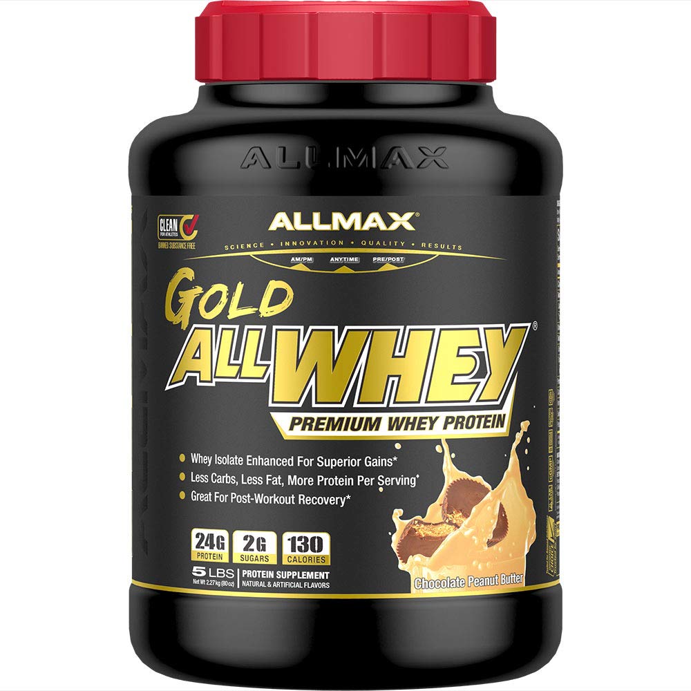 ALLMAX Gold ALLWHEY, Burro di arachidi al cioccolato - 5 lb - 24 Grammi di Proteine Per Scoop - Gluten Free, Carbo basso & Basso Zucchero - Circa 71 Serve