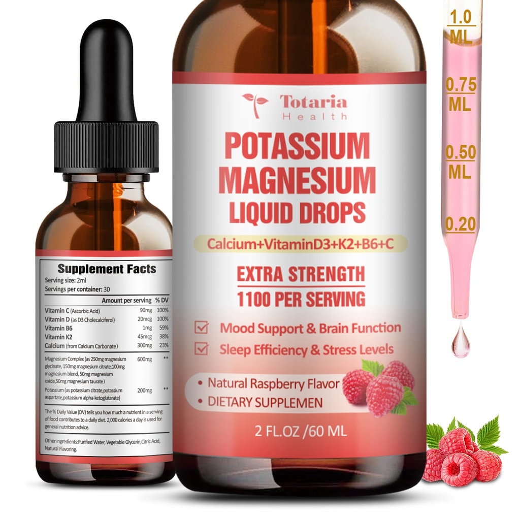 Potassio Magnesio Integratore Liquido Gocce - Alto Assorbimento Supplemento Potassio con Magnesio, Calcio, Vitamina D3 K2, Vegan, Non OGM Potasio Supporto Gambe, Bone, Muscolo - 2 Fl oz