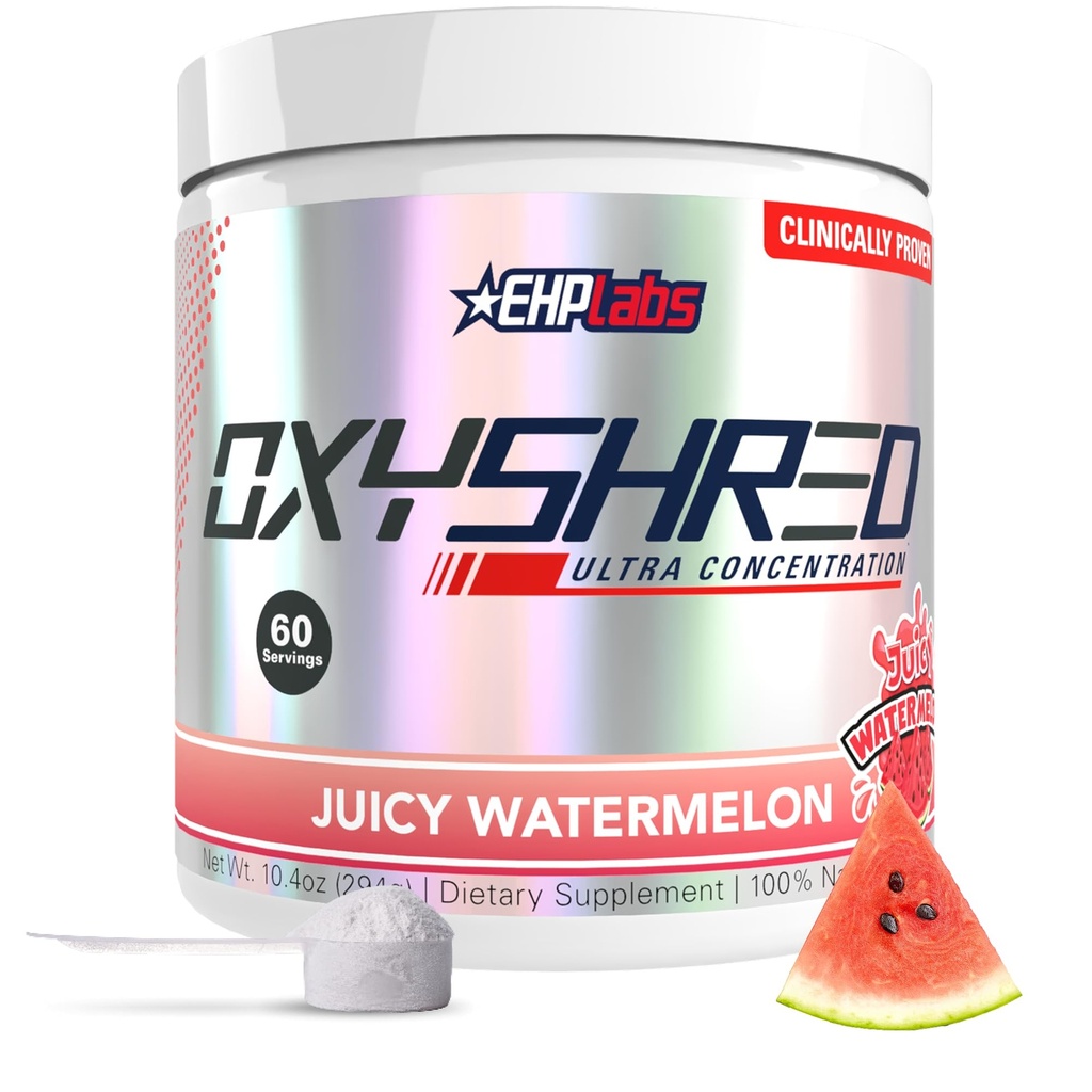 EHP Labs OxyShred Pre Workout Powder - Polvere pre-allenamento con L Glutamina e Acetil L Carnitina, Energy Boost Drink - Acquemelon succoso, 60 Serve