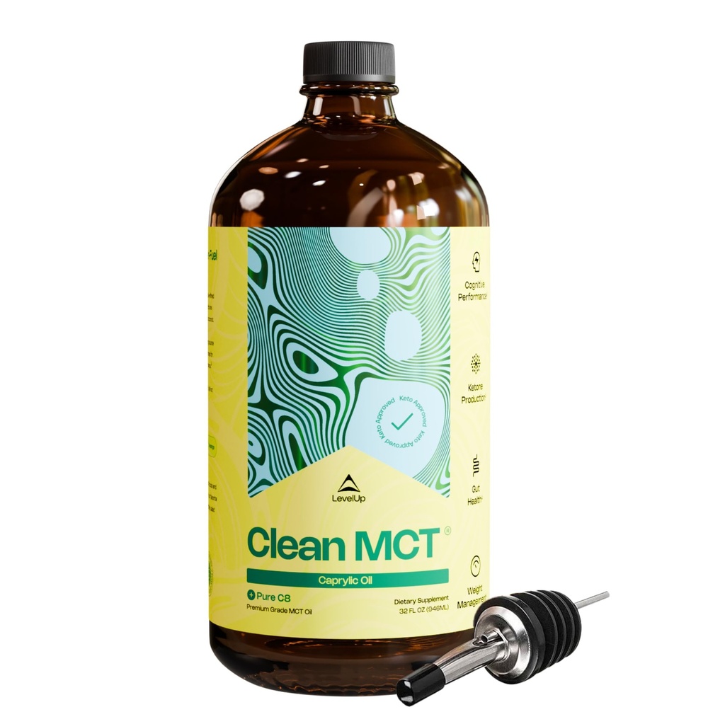 LiveUp Clean MCT Olio - 100% Caprylic C8 per l'energia, la messa a fuoco, la salute del fegato, il cervello Superfuel - Keto Supplemento per il caffè e gli chetoni Ketogenic - Non-GMO (bottiglia di vetro da 32 oz)