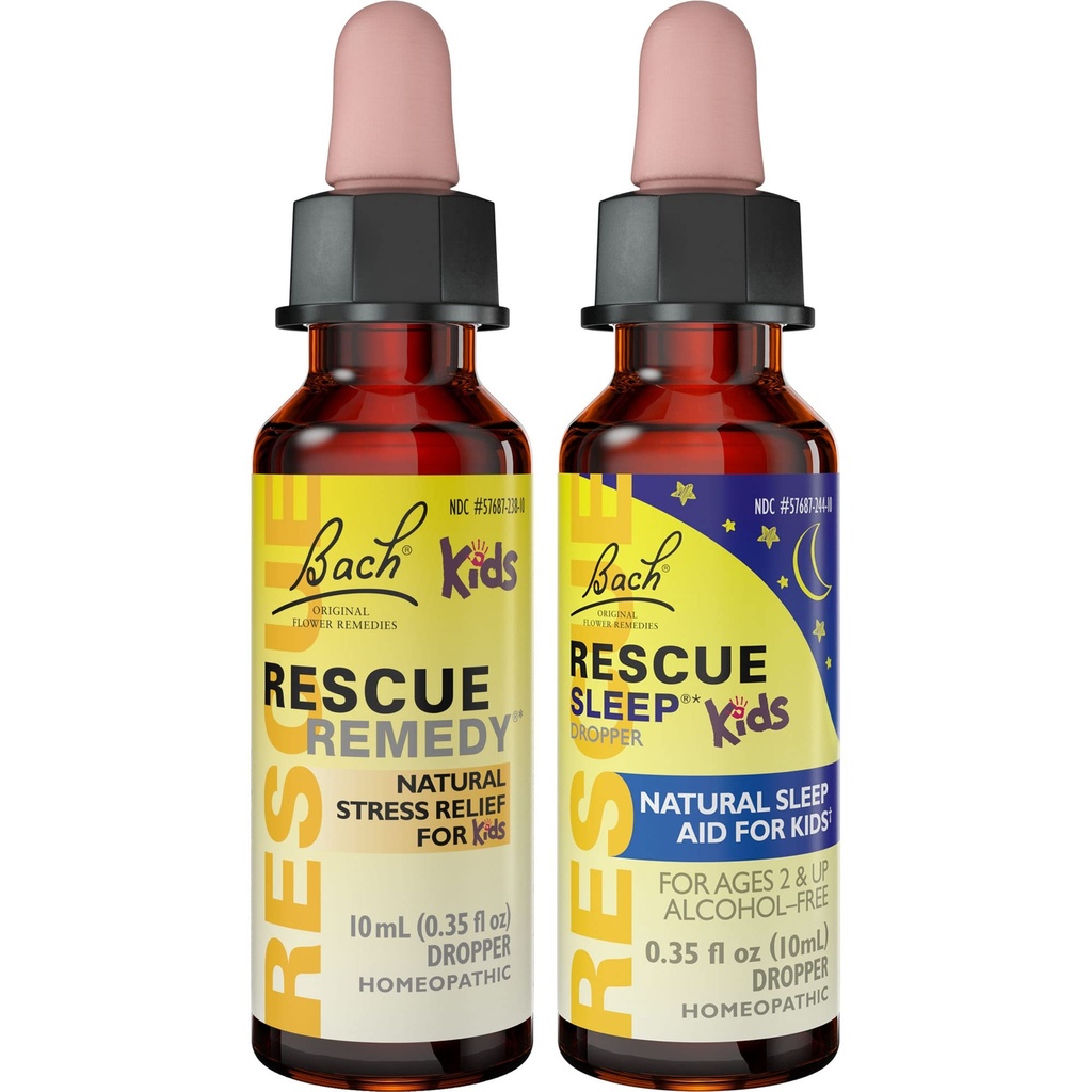 Giorno dei bambini e notte Bundle, Bach RESCUE Remedy Kids Dropper [e] RESCUE Sleep Kids Dropper- 2-Pk, Stress Relief & Sleep Support with Natural Flower Esssences, Homeopathic, Formula non alcol, 10mL Ea