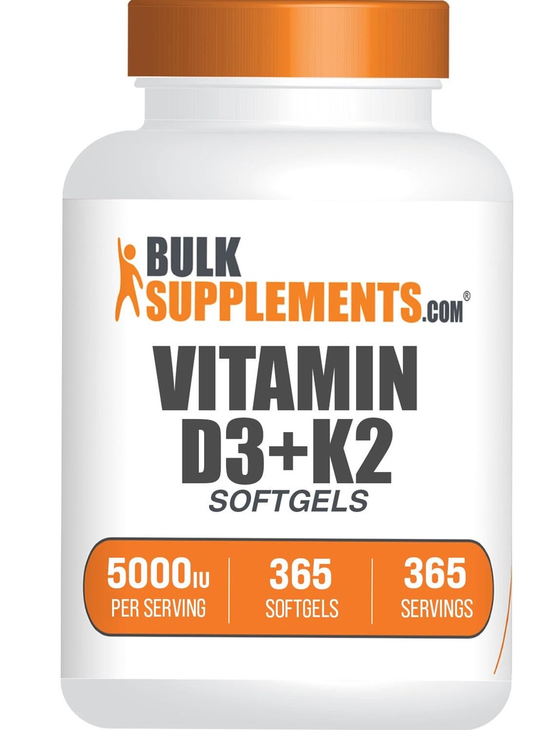 BulkSupplements.com Vitamin D3 + K2 5000 IU Softgels - D3 K2 Supplemento, per la salute immunitaria - Gluten Free, 1 Softgel per Serving, 365 Conteggio (Pack of 1)